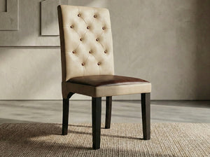 Chair with a high tufted beige canvas back and brown leather seat, on wooden legs