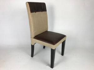 Beige canvas and brown leather chair, three-quarter view, wooden legs