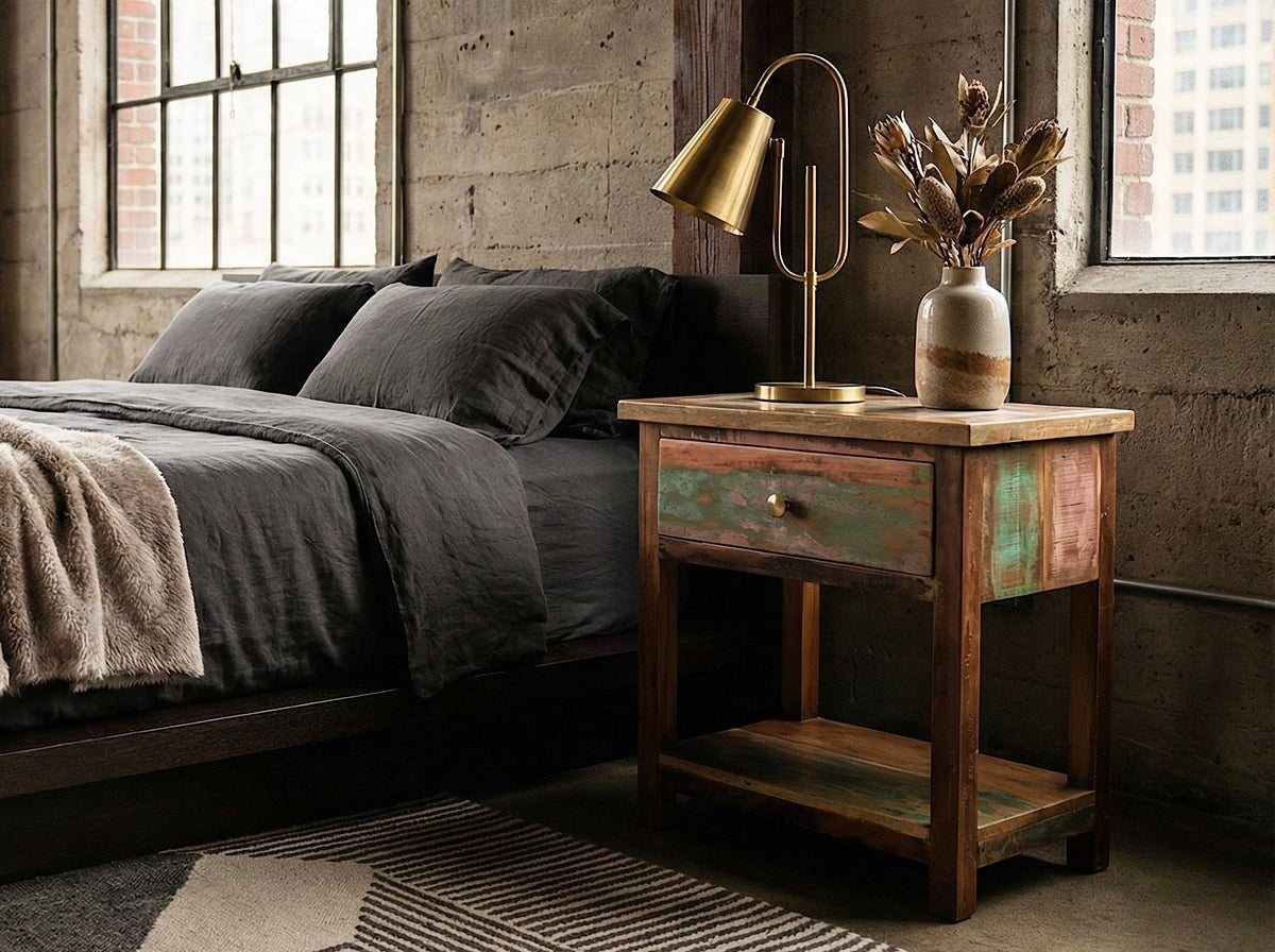 Table de chevet Nasta en bois recyclé à un tiroir, à côté d'un lit dans une chambre de style loft