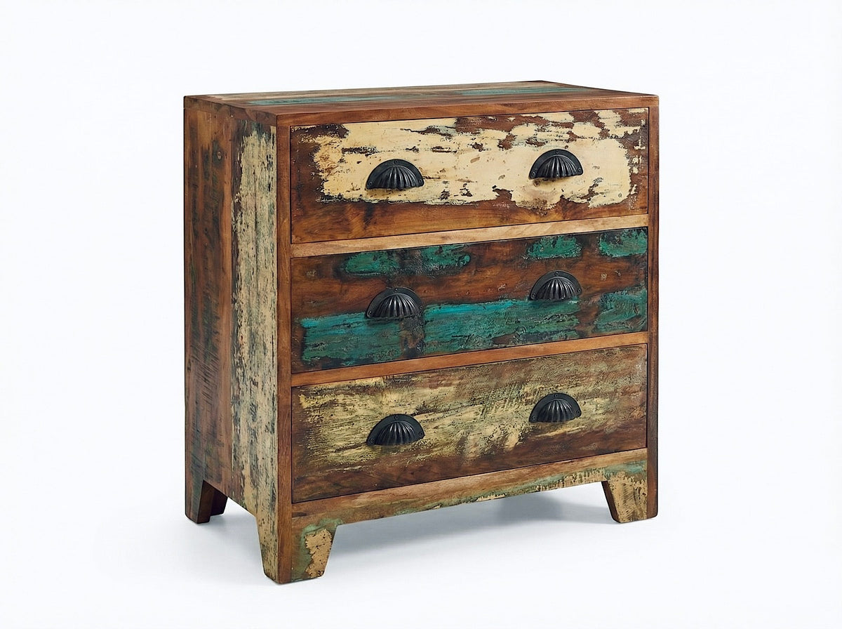 Table de nuit en bois recyclé trois tiroirs — vue de face
