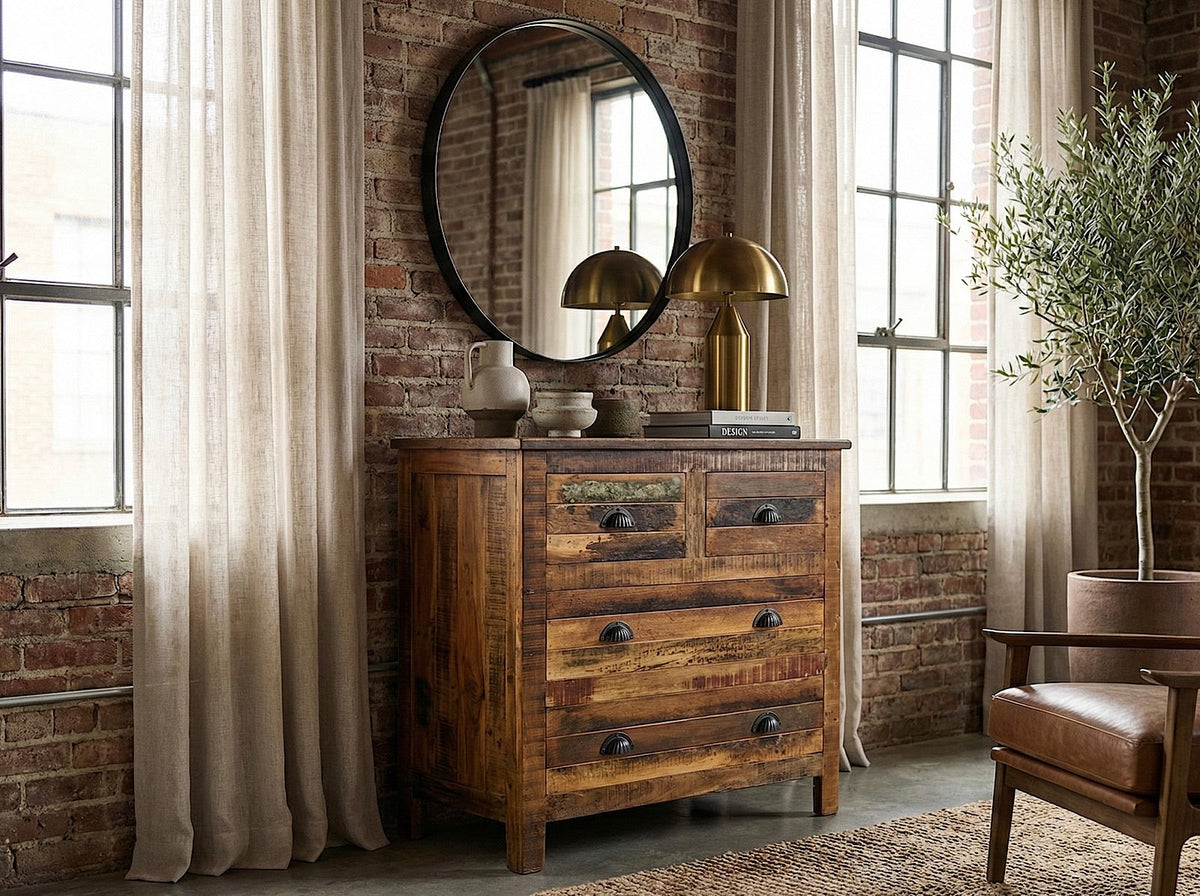 Commode 4 tiroirs en bois recyclé dans une chambre, sous un miroir rond