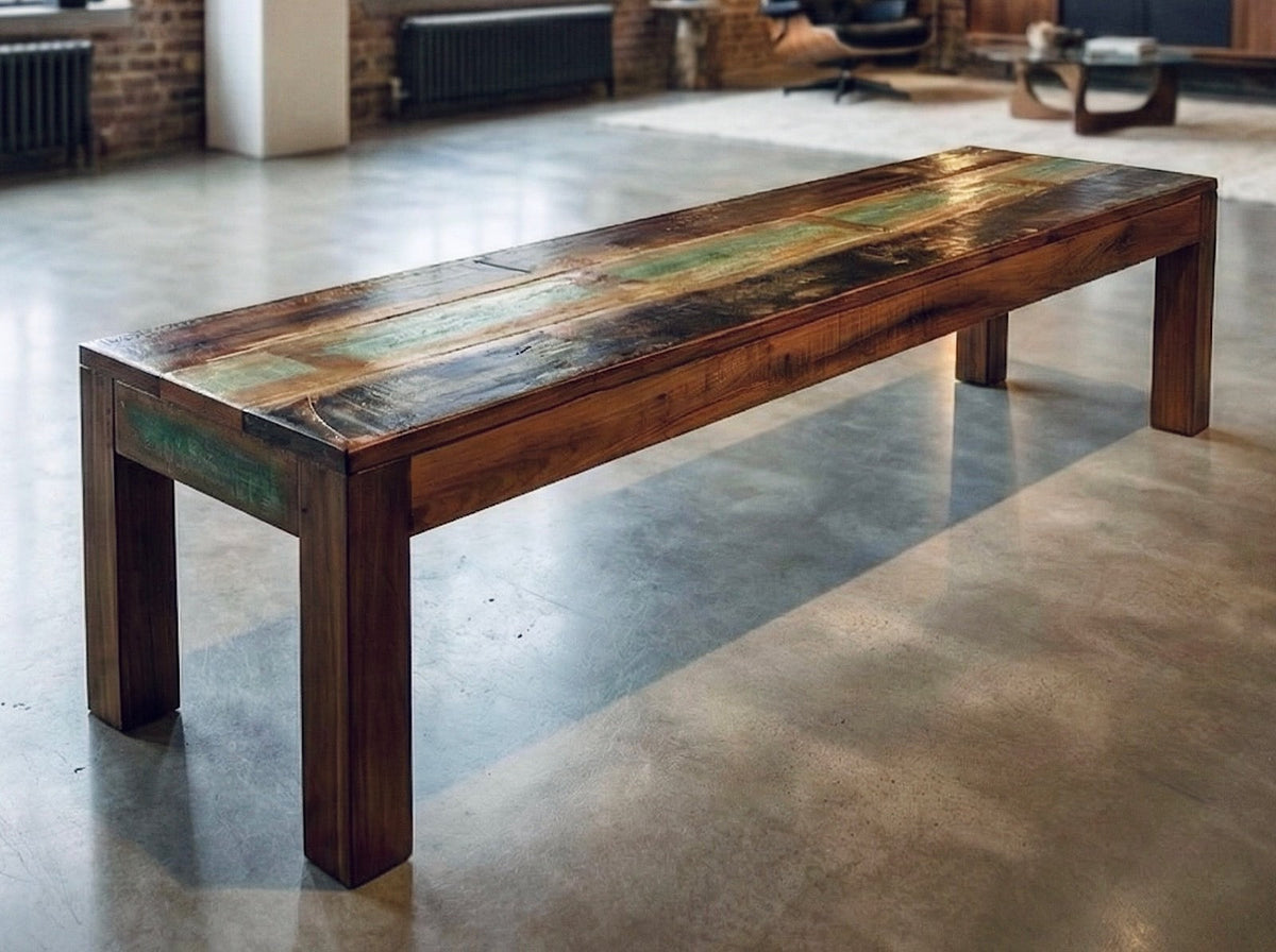 Banc Prema en bois recyclé, assise longue rustique