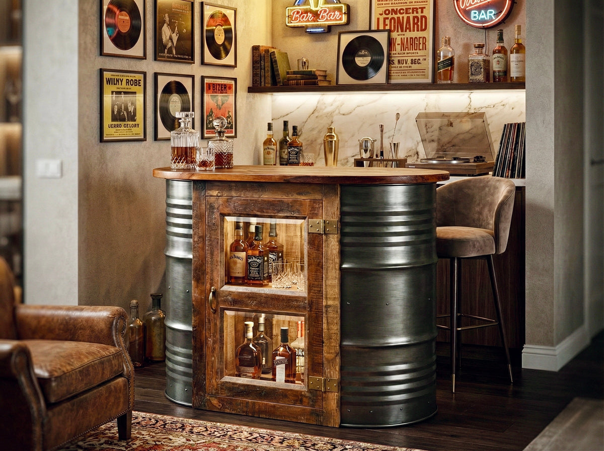 Bar en bois avec baril recyclé