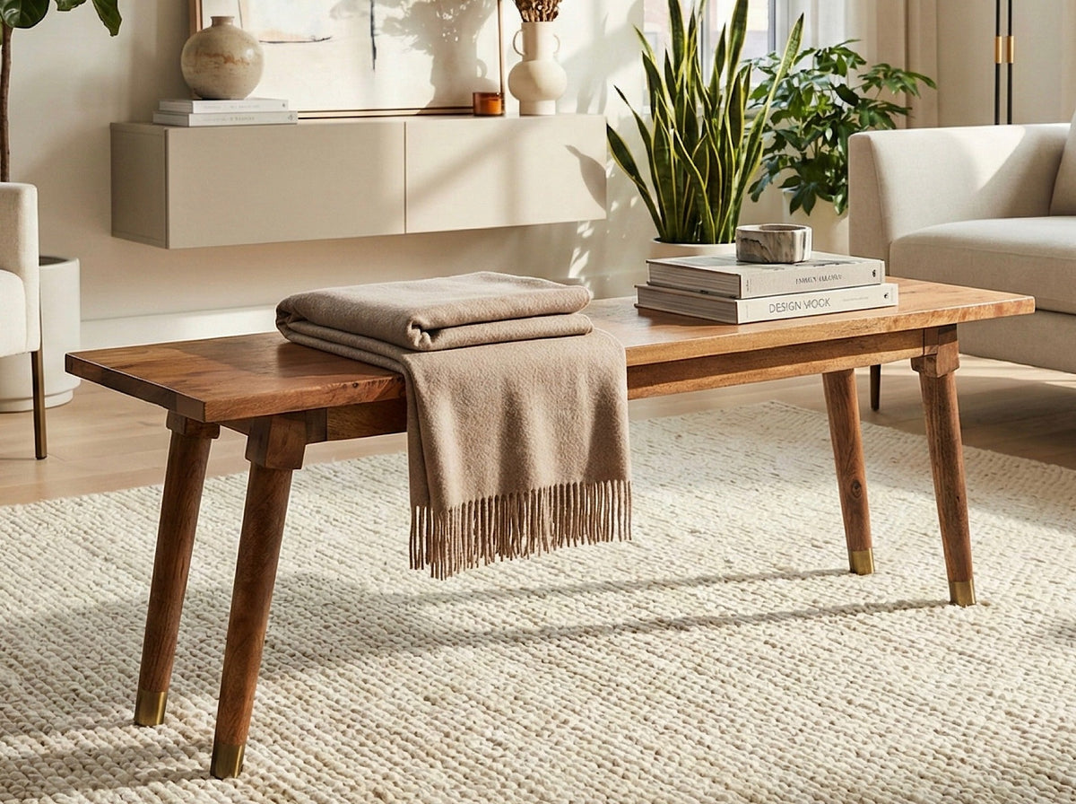 Banc en manguier sur pattes en bois, dans un salon clair avec plaid