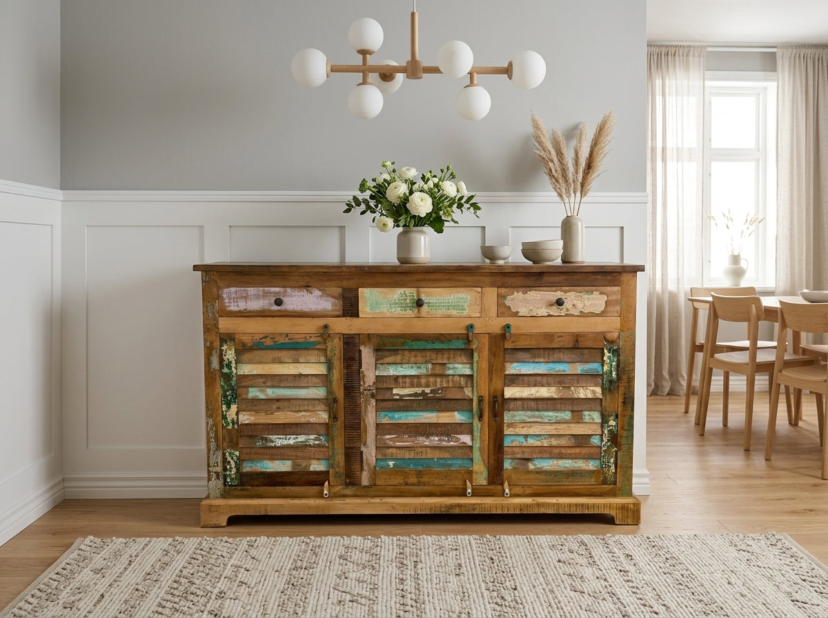 Buffet Saby en bois recyclé, trois tiroirs peints et trois portes à persiennes, dans une salle à manger blanche