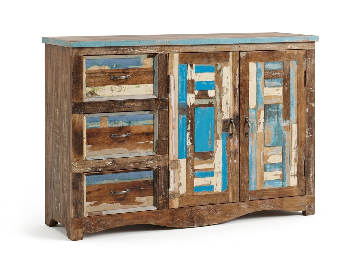 Buffet Almora en bois recyclé — détail des tiroirs