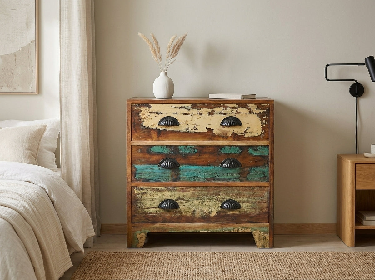 Table de nuit en bois recyclé avec trois tiroirs