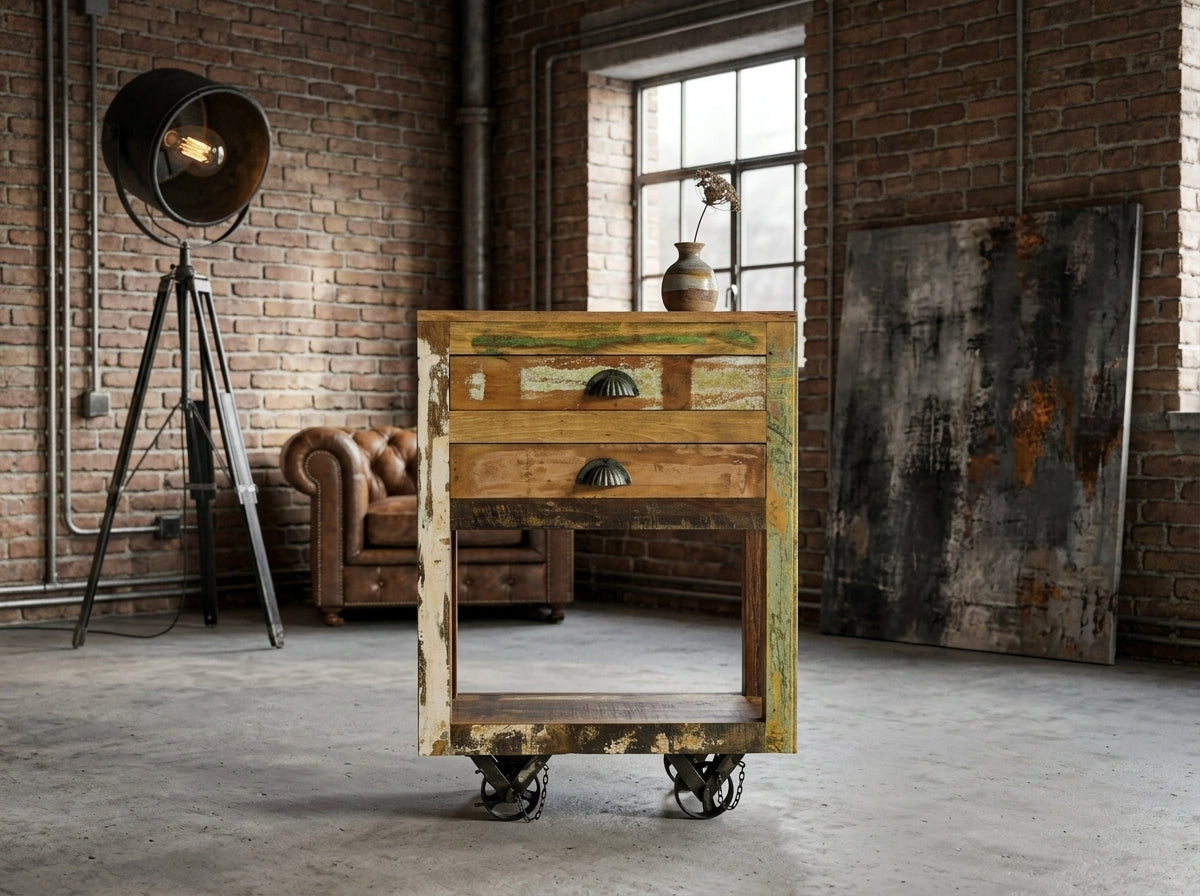 Console à roulettes en bois recyclé dans une pièce industrielle, à côté d'un lampadaire