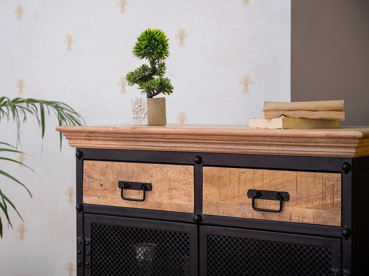 Metal and mango wood industrial cabinet