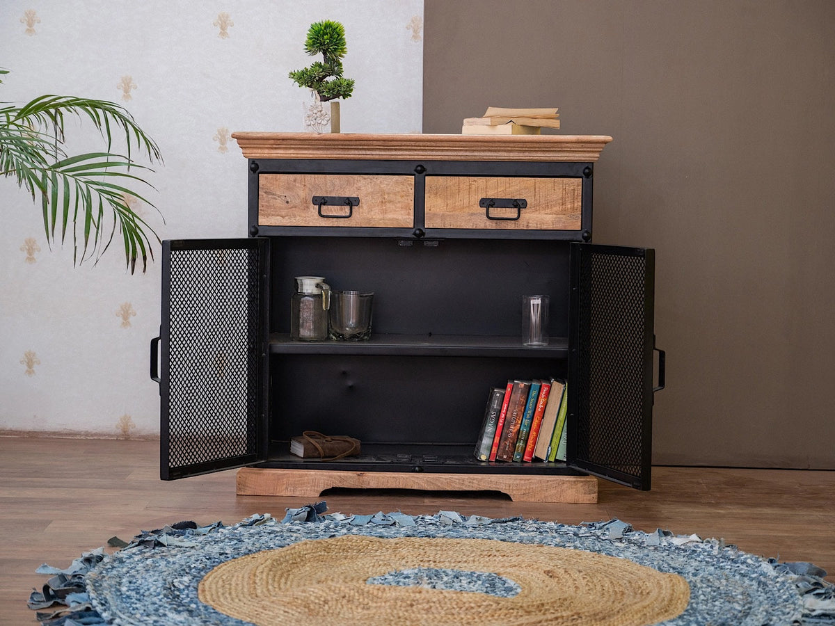 Metal and mango wood industrial cabinet
