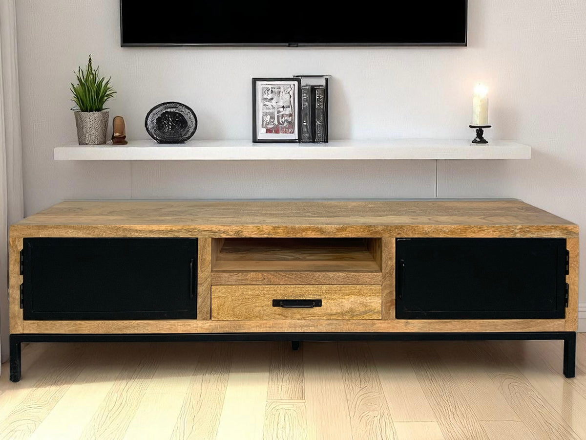 Meuble télé en bois de manguier et metal noir