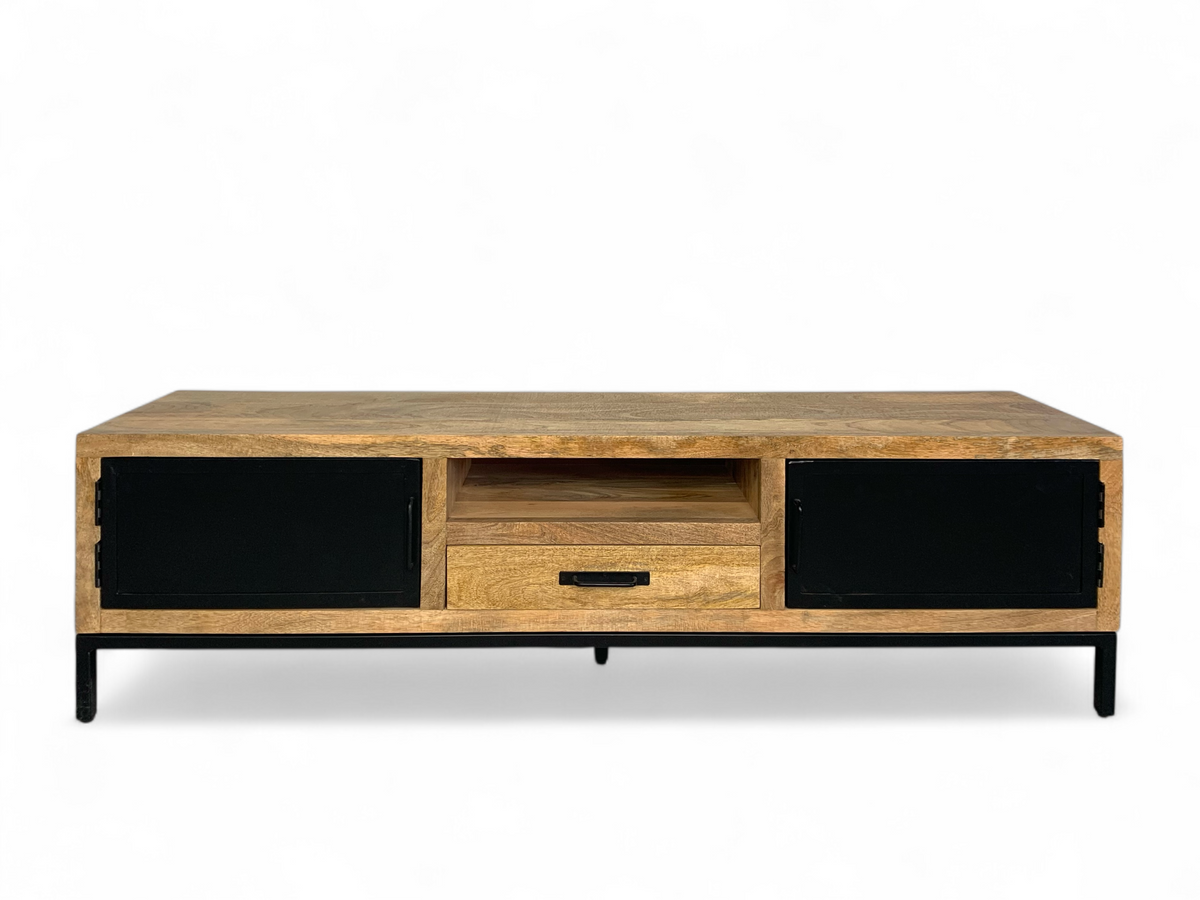 TV cabinet in mango wood and black metal