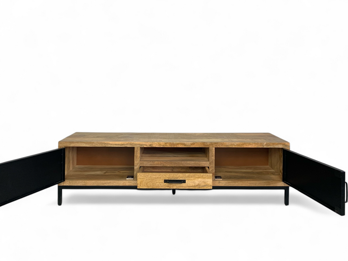 TV cabinet in mango wood and black metal