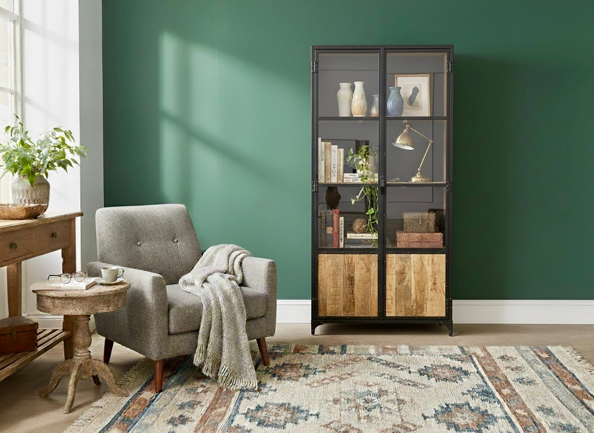 Mango Wood Metal Glass Cabinet
