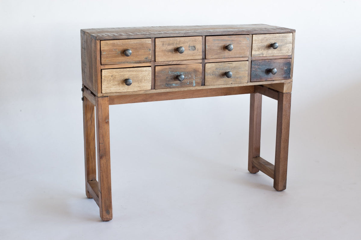 Console Pyaara en bois recyclé — détail des tiroirs