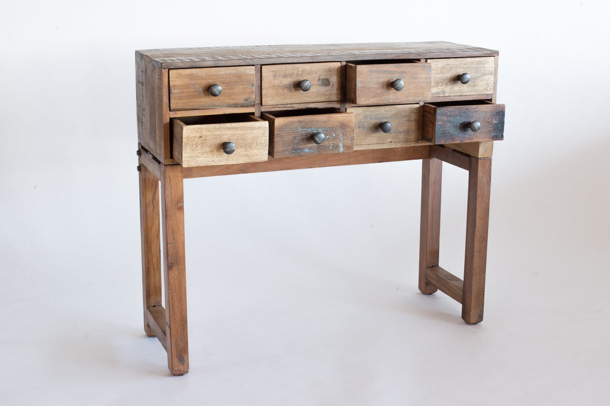 Console Pyaara vue de trois quarts, piètement en bois recyclé