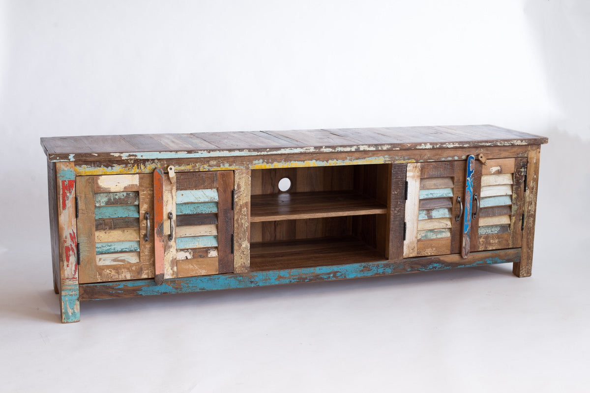 Meuble télé Benina en bois recyclé, quatre portes