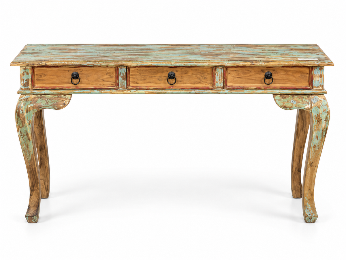 Console à trois tiroirs en bois patiné turquoise, tiroirs encadrés de rouge
