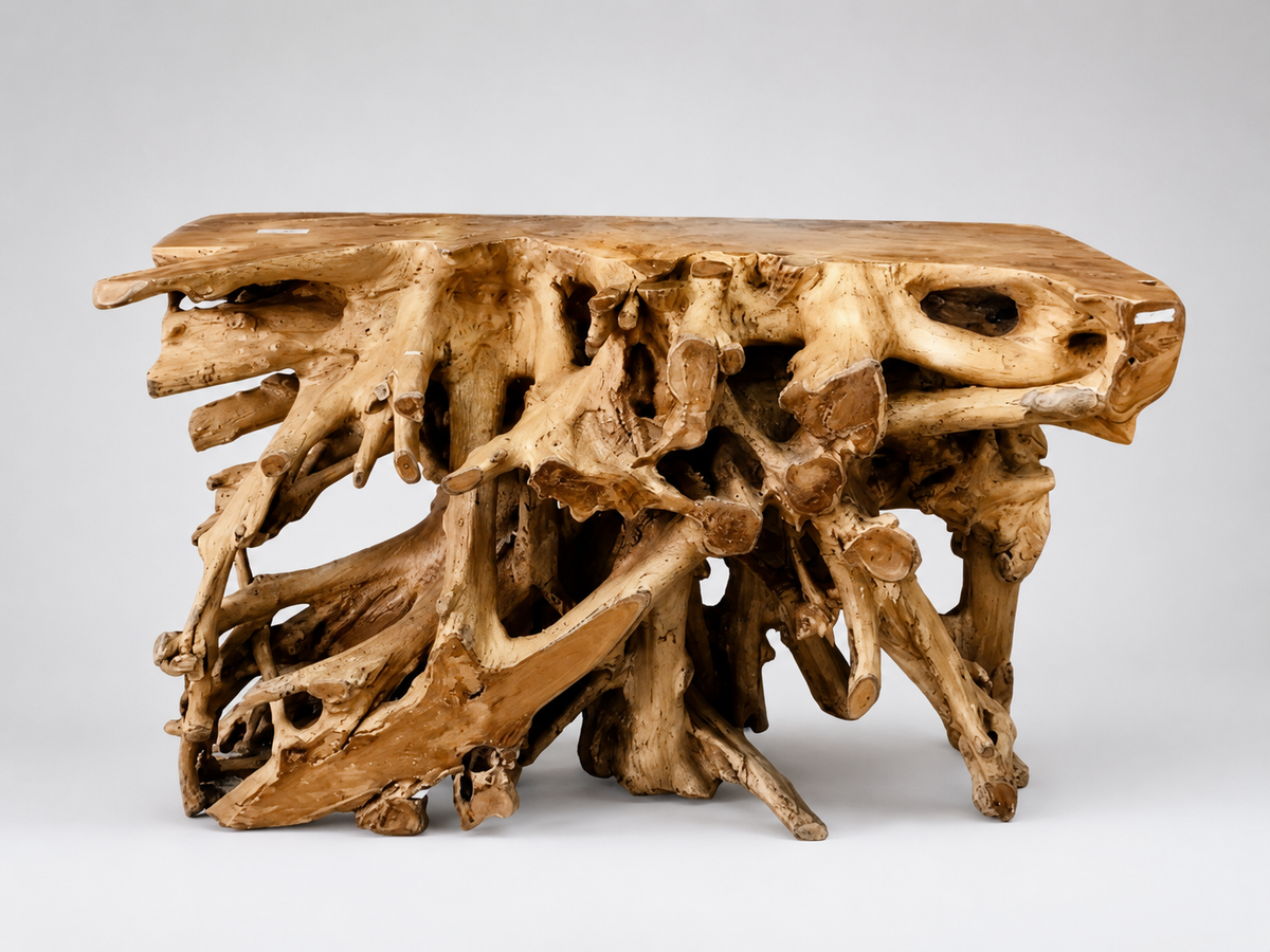 Console en racine de teck naturel — vue de côté