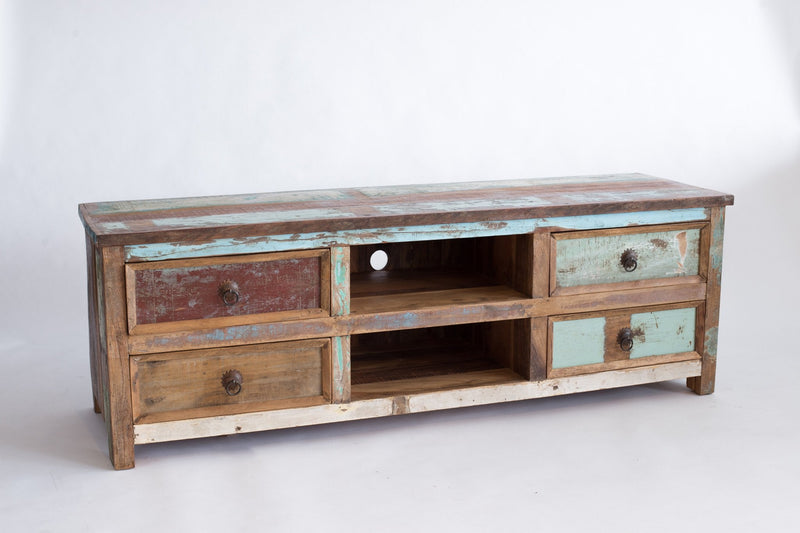 Lamony TV stand, three-quarter view, red, turquoise and cream fronts