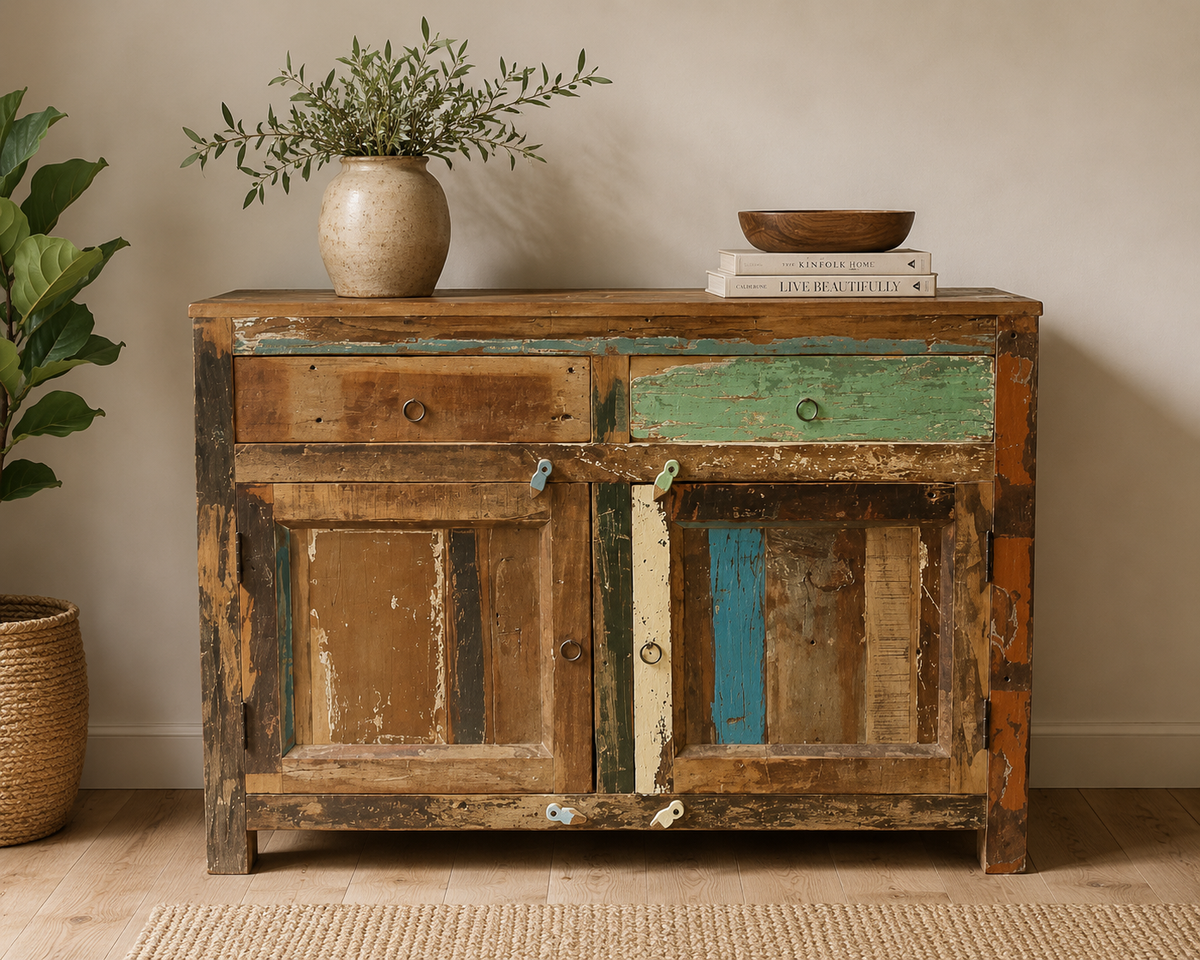 2-door, 2-drawer recycled wood cabinet