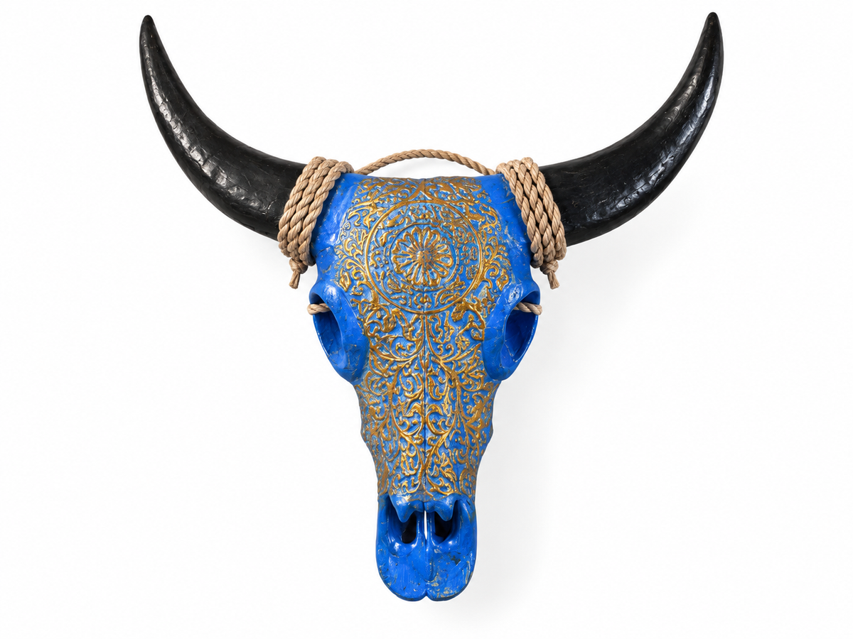 Crâne décoratif bleu à motifs dorés en relief, cornes noires et corde naturelle