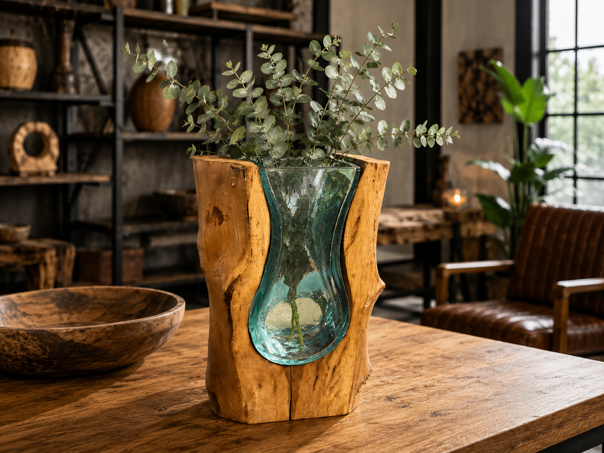 Vase en racine de teck naturelle et verre soufflé