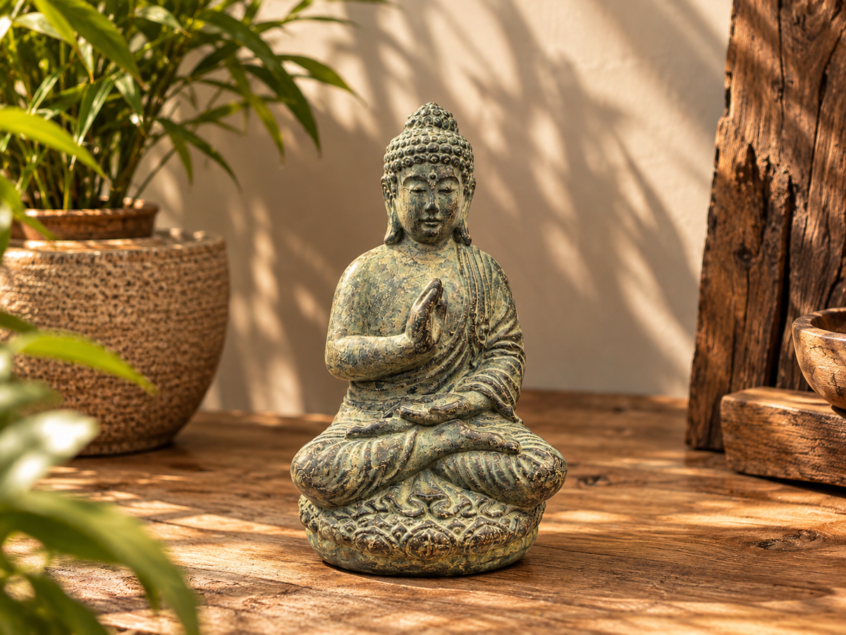 Patinated bronze-finish Buddha statue set near a plant