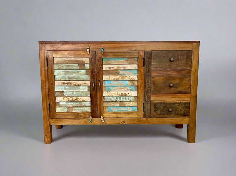 Buffet Parlily en bois recyclé, deux portes et trois tiroirs