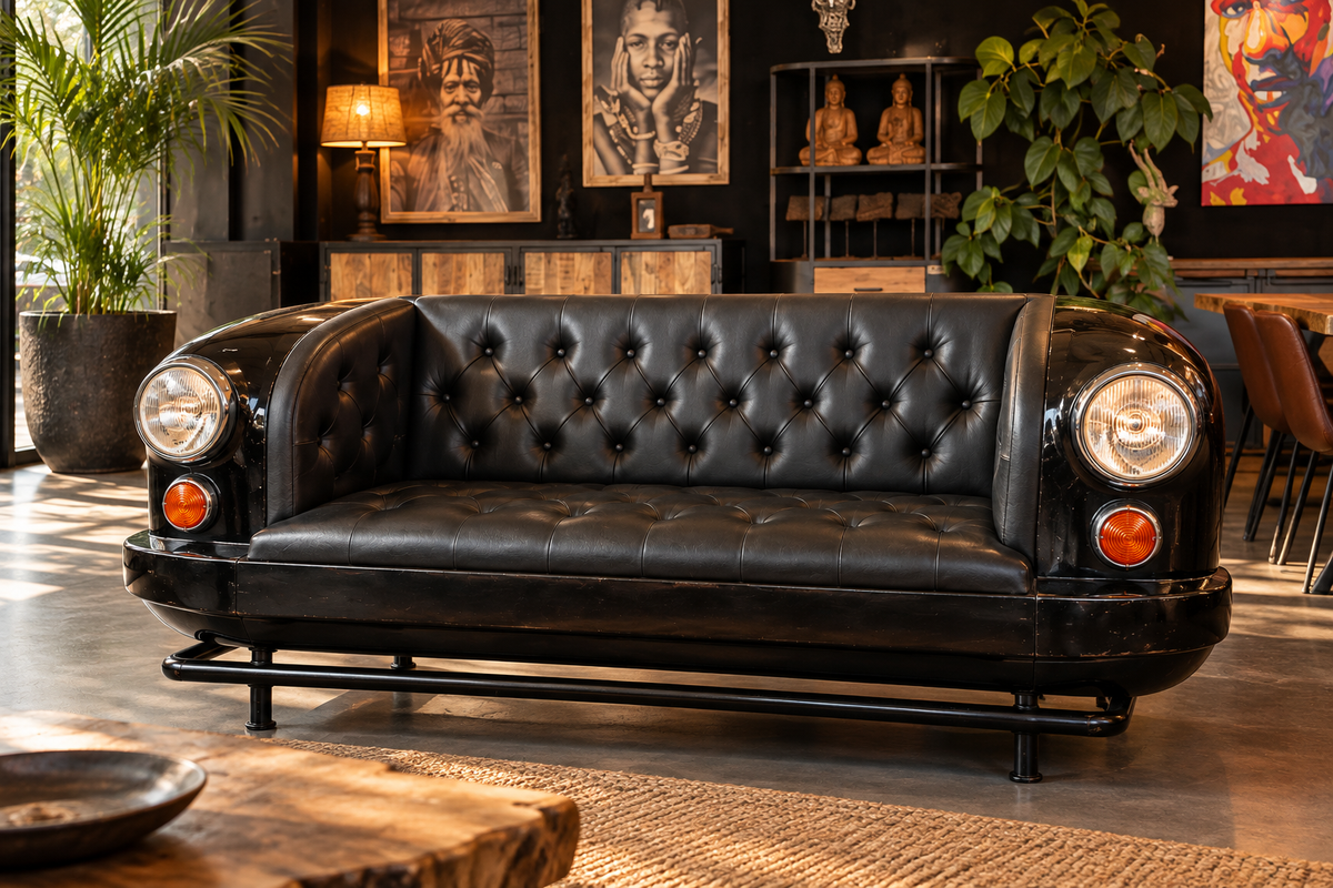 Tufted black leather car sofa in a living room, headlights and chrome bumper