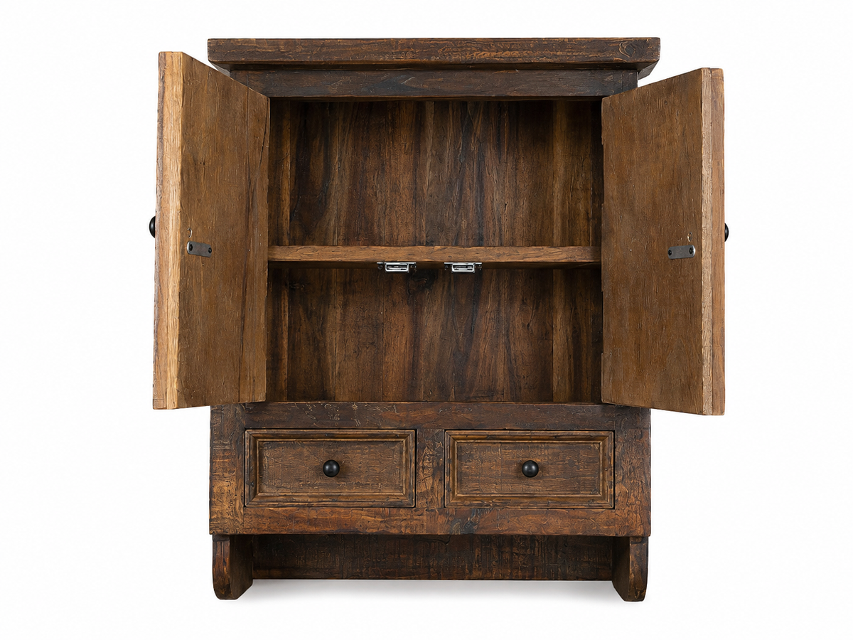 Armoire pharmacie ouverte, tablette intérieure et tringle avec crochets