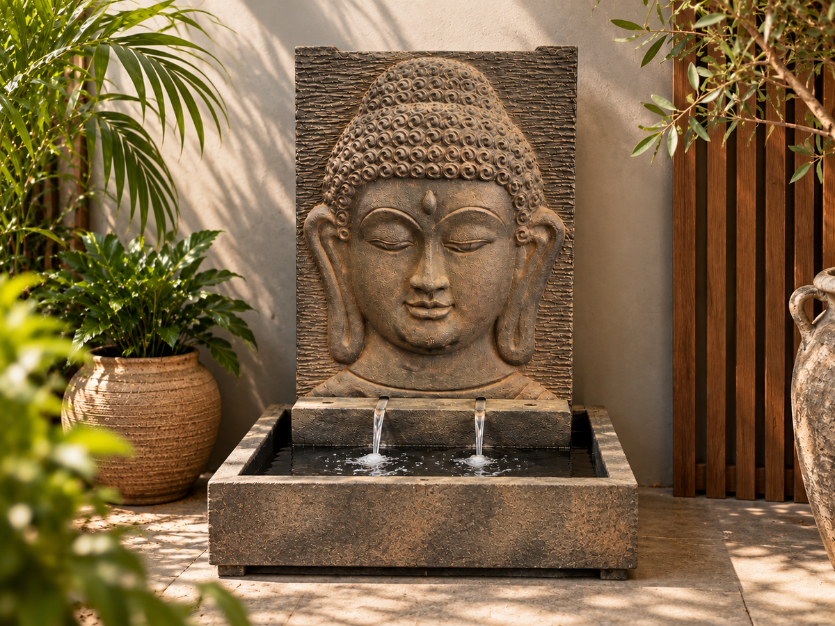 Concrete Buddha fountain on a patio, water flowing into the basin below the carved face