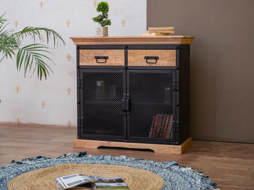 Industrial metal and mango wood cabinet
