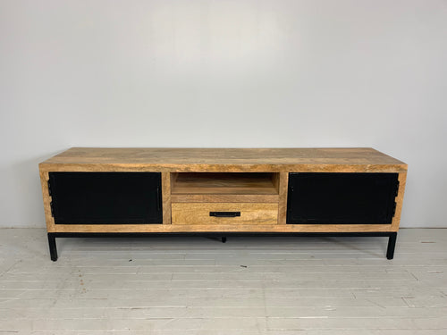 TV cabinet in mango wood and black metal