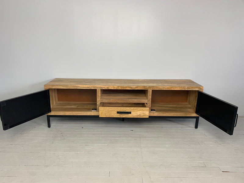 TV cabinet in mango wood and black metal